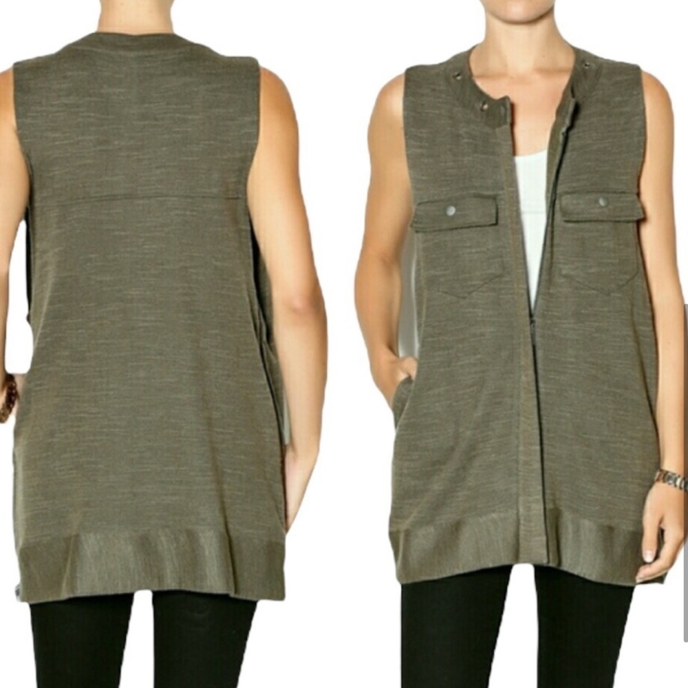 NWOT FREE PEOPLE highway knit stretchy long zip up vest in olive green XS